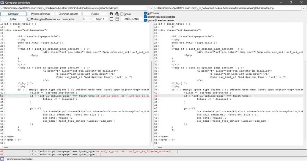 Code comparison between ACF and SCF that shows the upgrade option to ACF PRO has been removed 